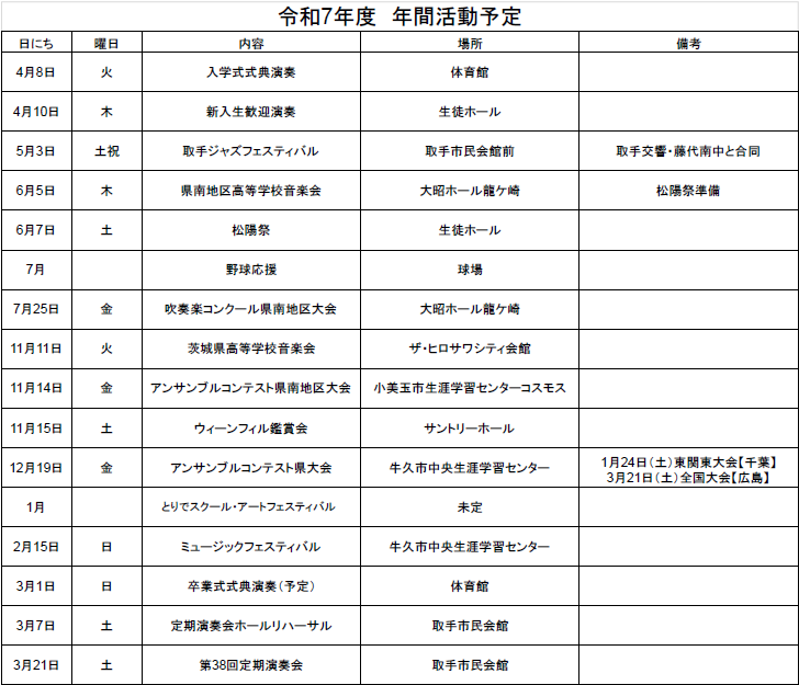 令和７年度吹奏楽部年間活動予定